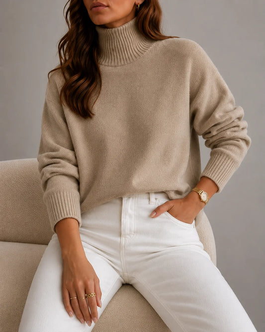 woman wearing a cozy beige ribbed turtleneck sweater
