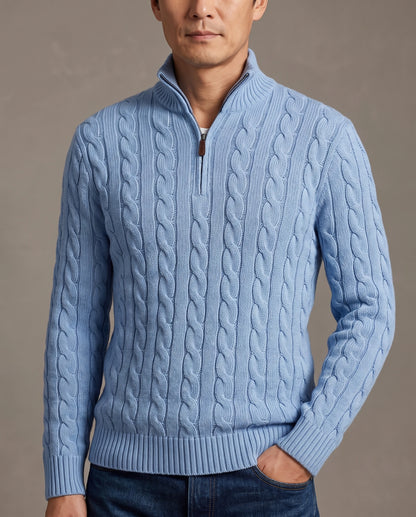 Model wearing a light blue cable-knit quarter-zip sweater with a stand collar