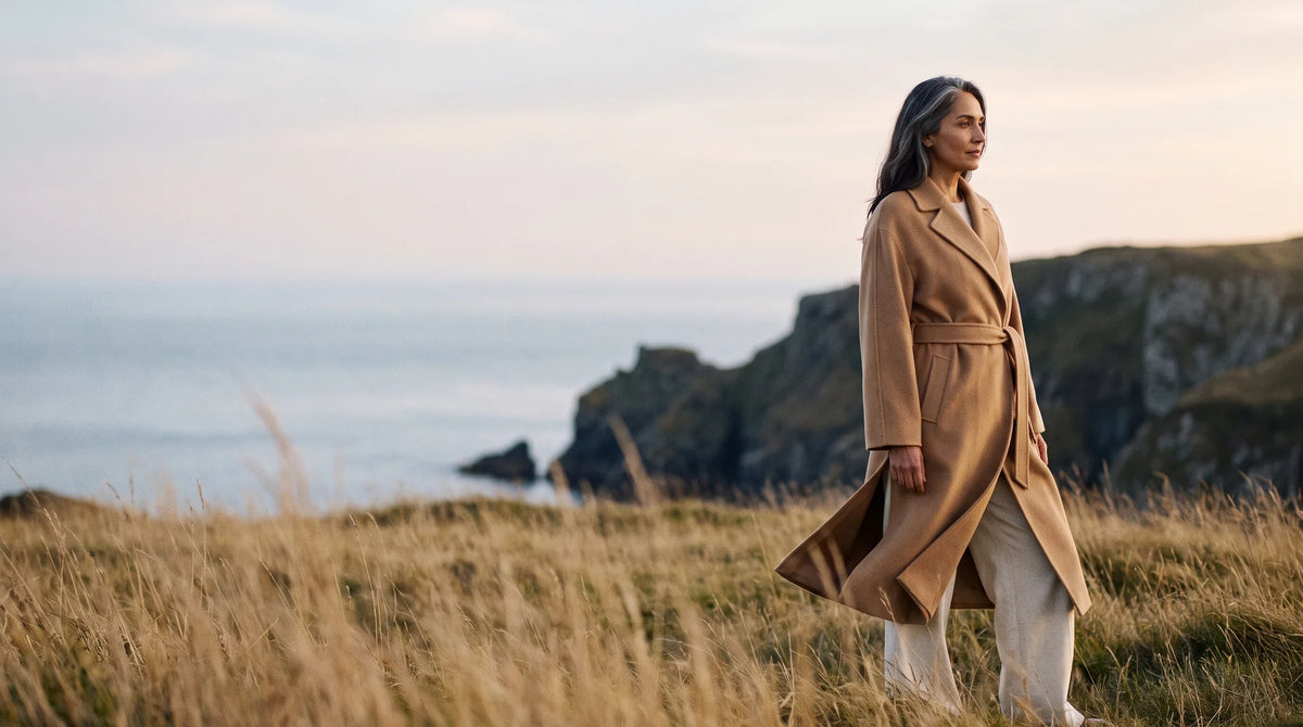 Woman wearing brown soft textured long length jacket on a cliff side