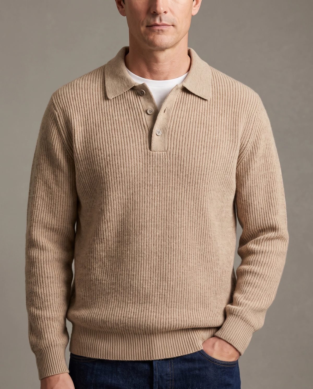 Model wearing a beige ribbed knit polo sweater