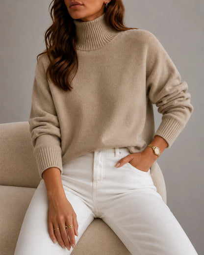 woman wearing a cozy beige ribbed turtleneck sweater