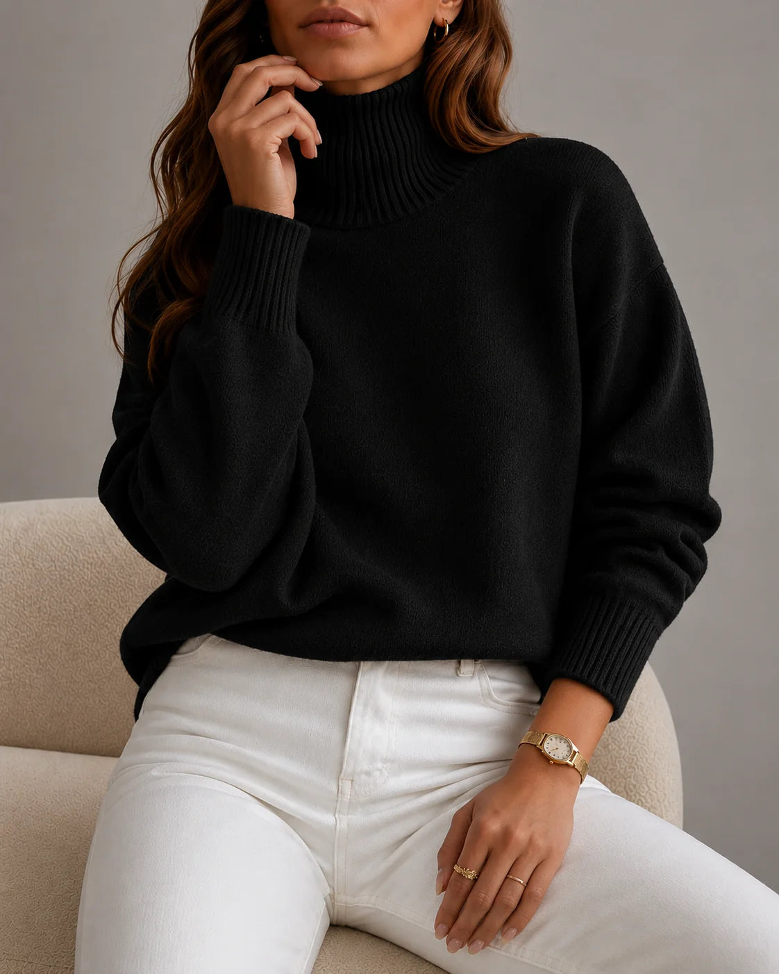 woman wearing a cozy black ribbed turtleneck sweater
