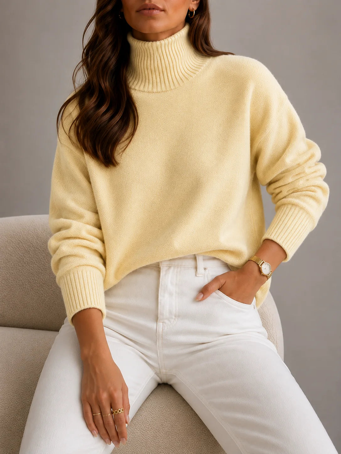 woman wearing a cozy yellow ribbed turtleneck sweater