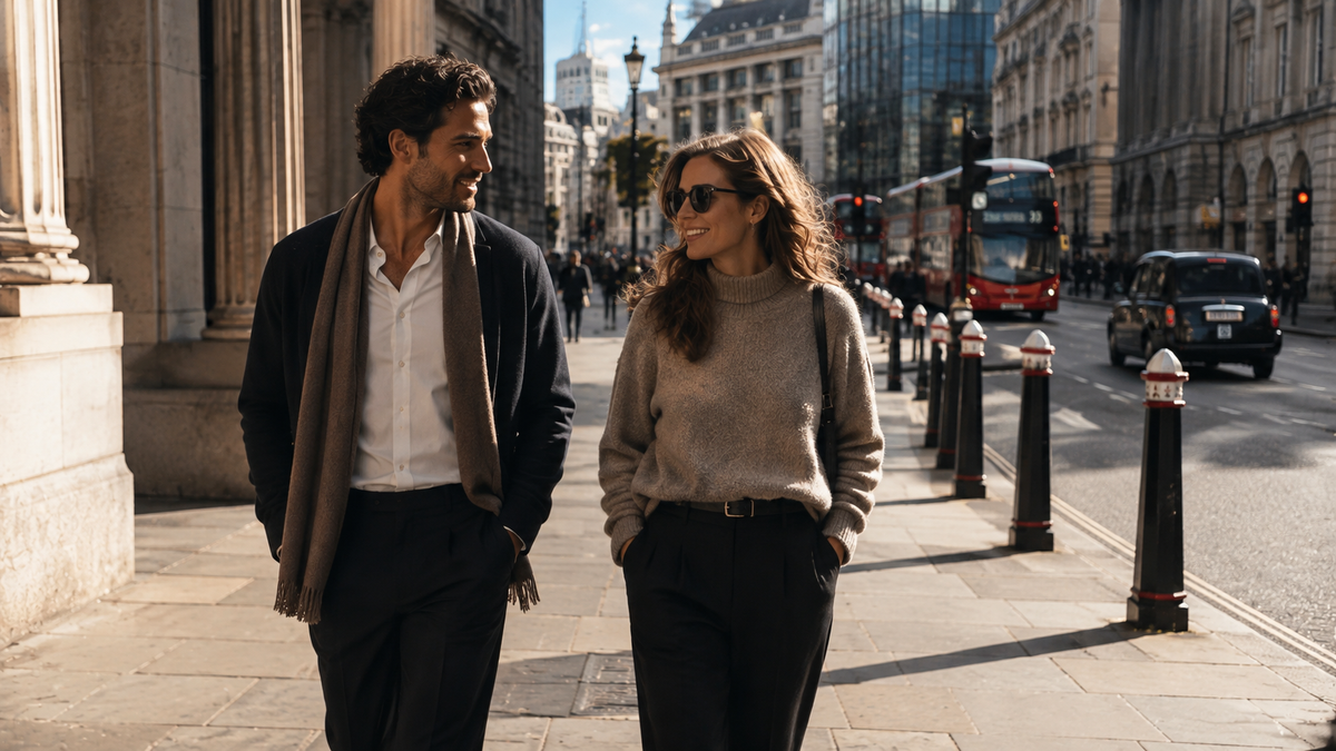 Woman wearing our new neutral jumper and man wearing outerwear with scarf 